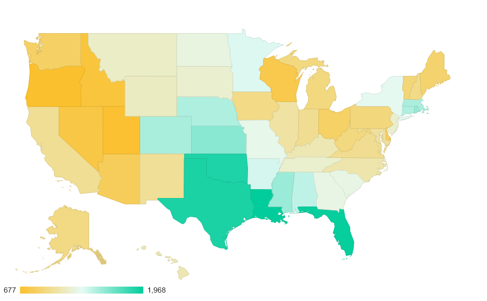 Average insurance premiums by state heatmap