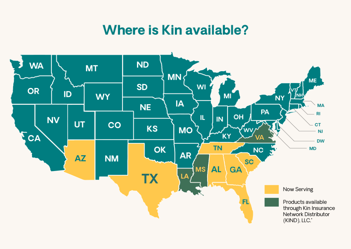 A map of the US showing where Kin sells insurance