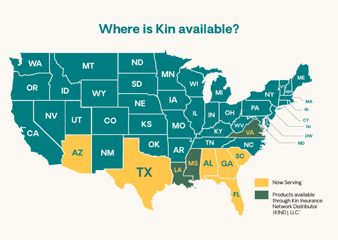 US map showing states where Kin sells insurance