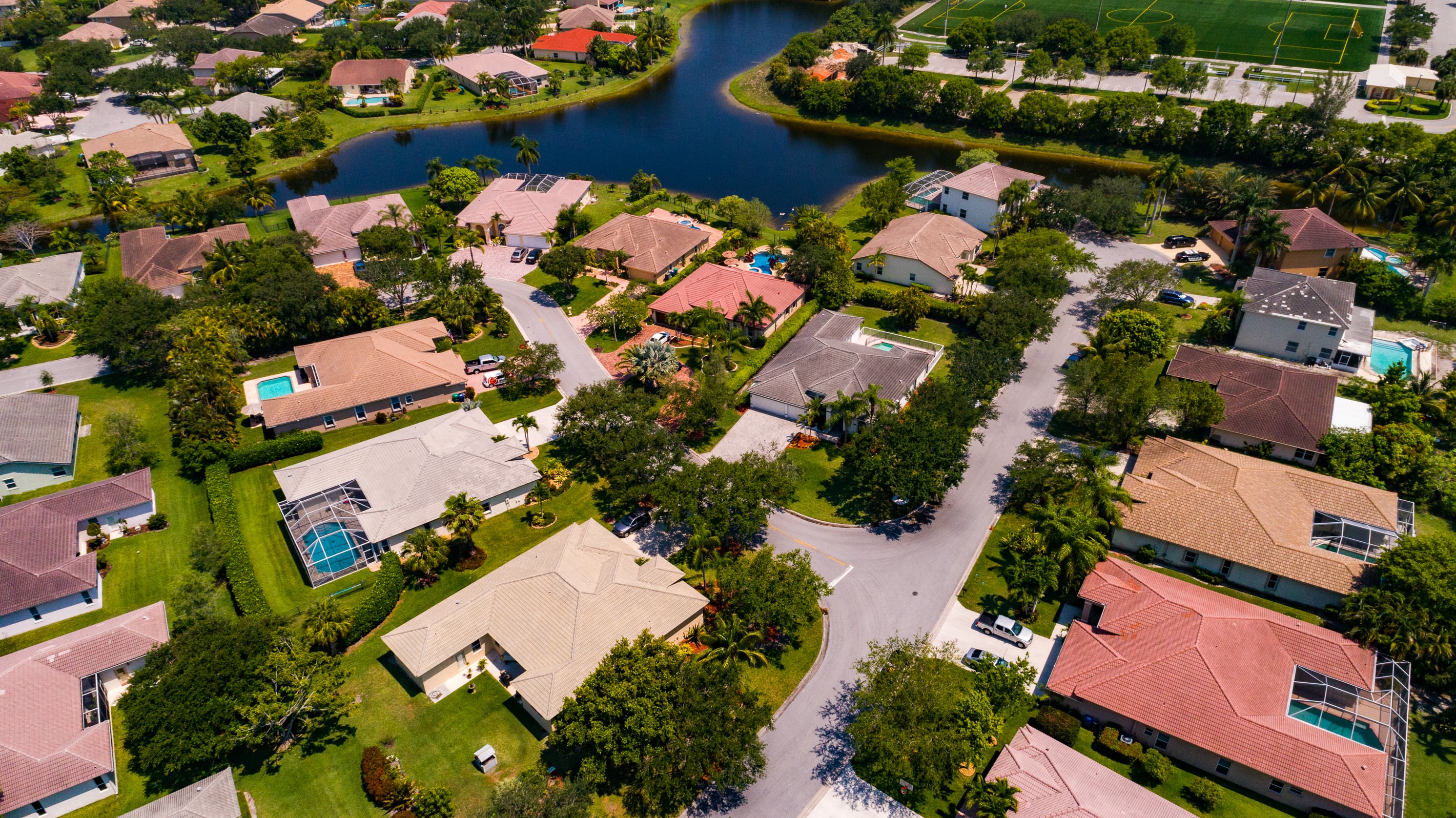 aerial view of a florida neighborhood near water 