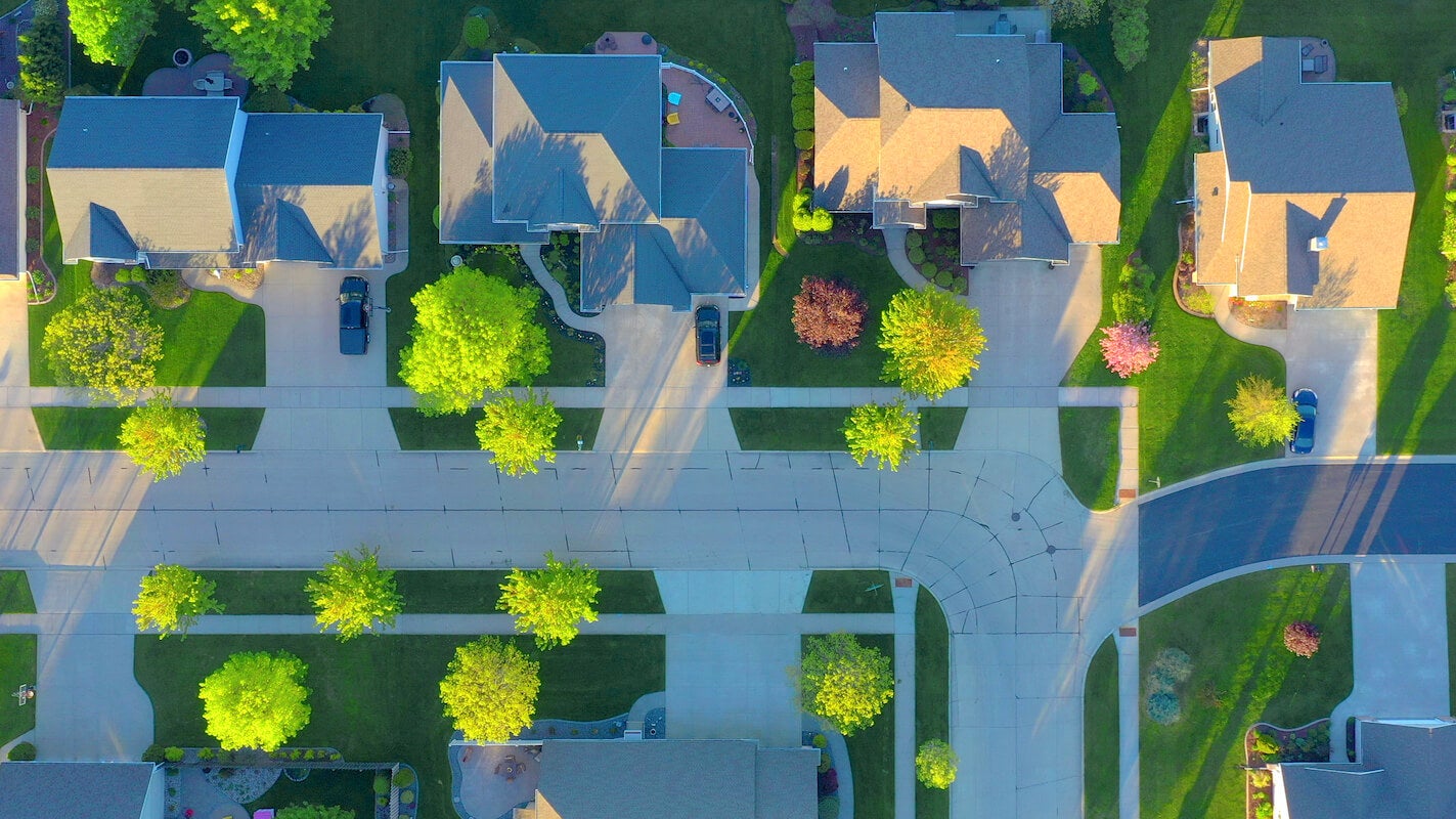 aerial view of a charming neighborhood in the spring