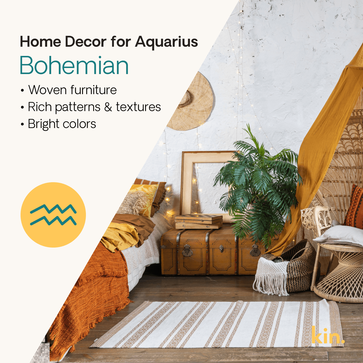 Home Decor for Aquarius: Bohemian Woven furniture  Rich patterns & textures Bright colors