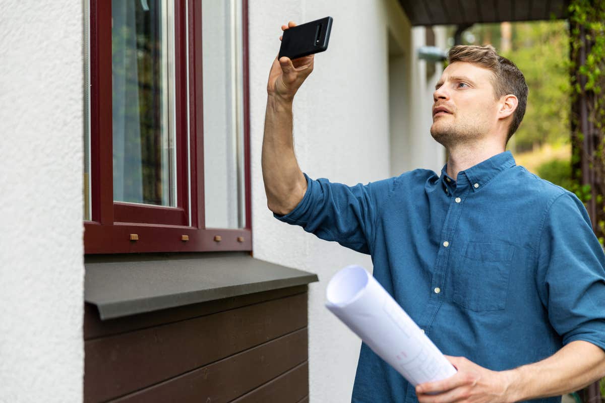 A man uses a smartphone to take pictures of a home during an insurance appraisal