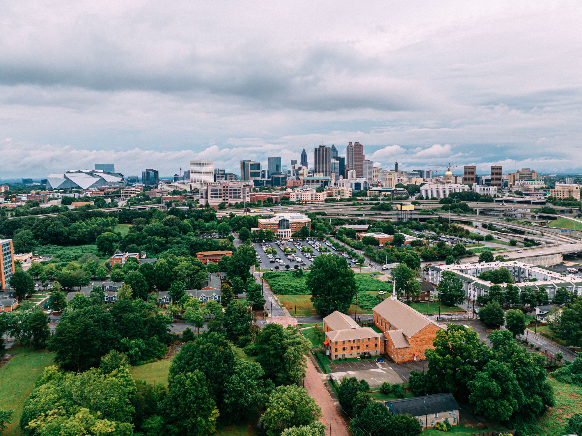 Elevated view of Atlanta, Georgia with city skyline in the distance