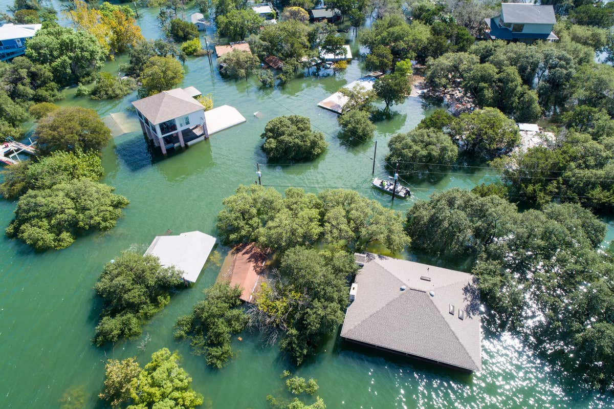 aerial view of a flooded neighborhood