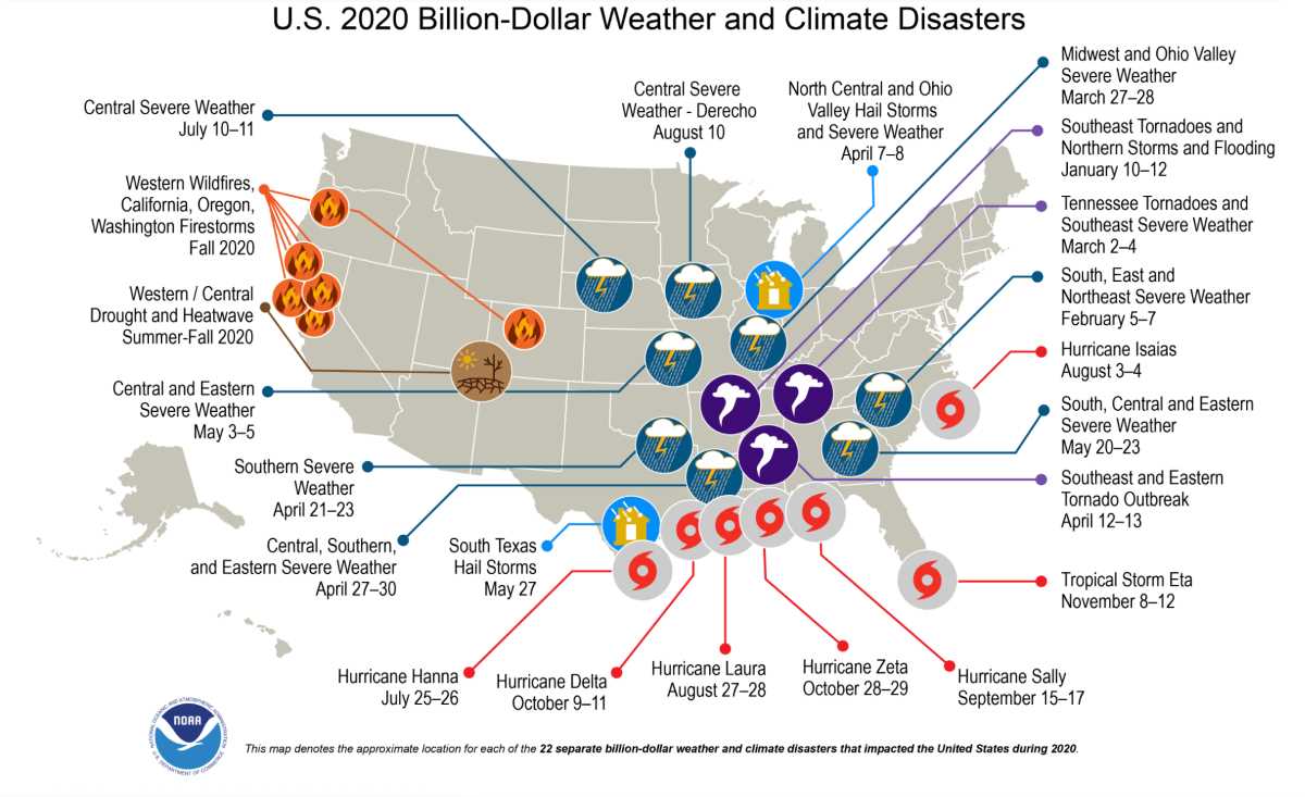 US map identifying billion-dollar disasters by location, type, and date