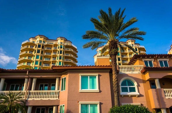 Condos under a blue sky with a tall palm tree