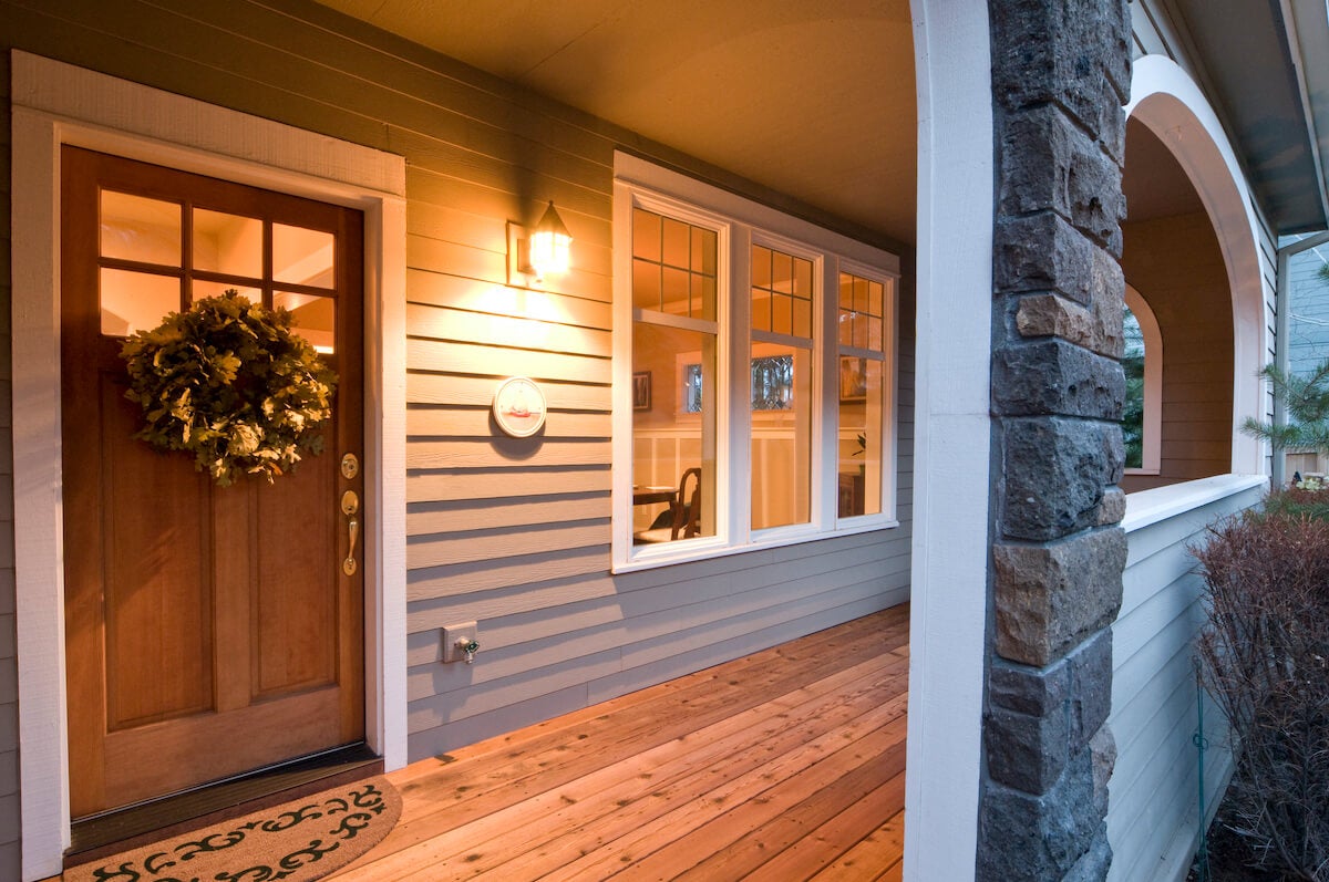 A brightly lit front porch