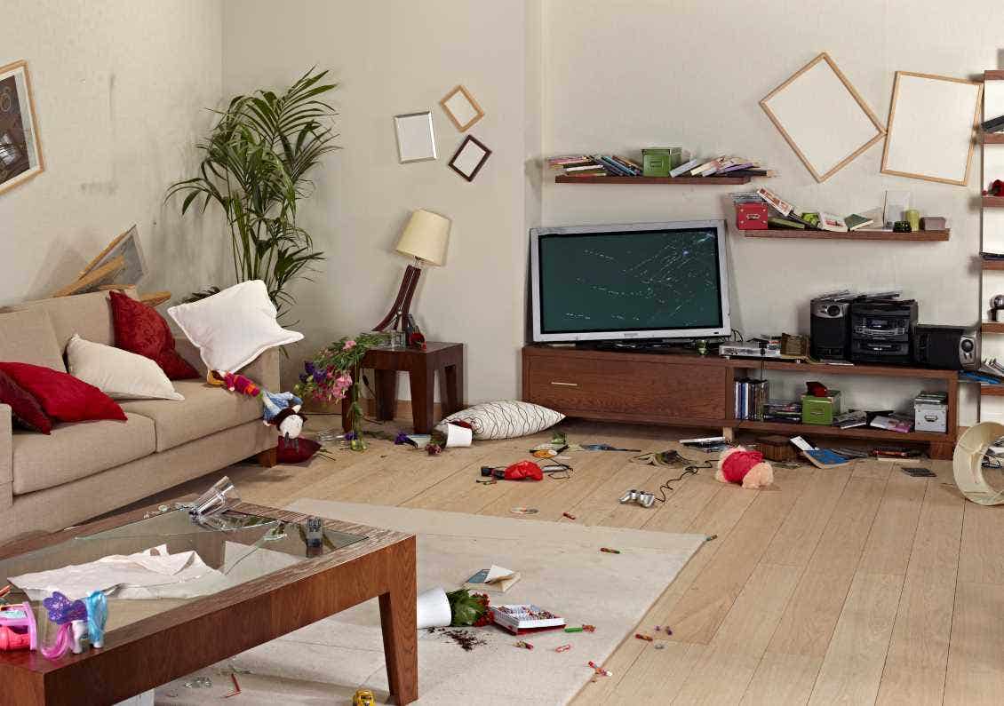 A living room in disarray after an earthquake