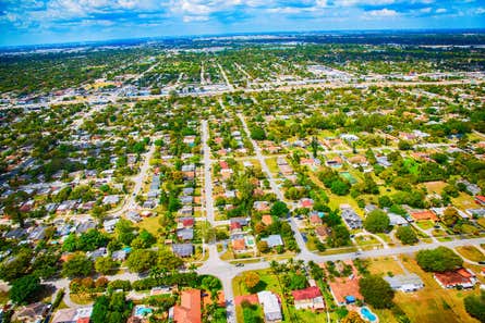 A middle class suburban Miami neighborhood shot from an altitude of approximately 700 feet