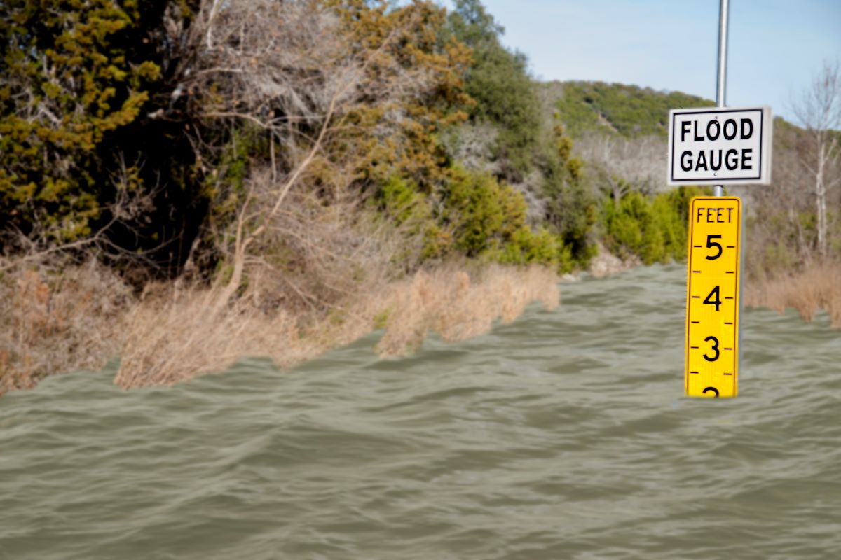 A roadside flood gauge in a river Texas