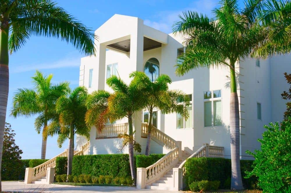 Exterior of a stately, white home with a grand staircase and palm trees
