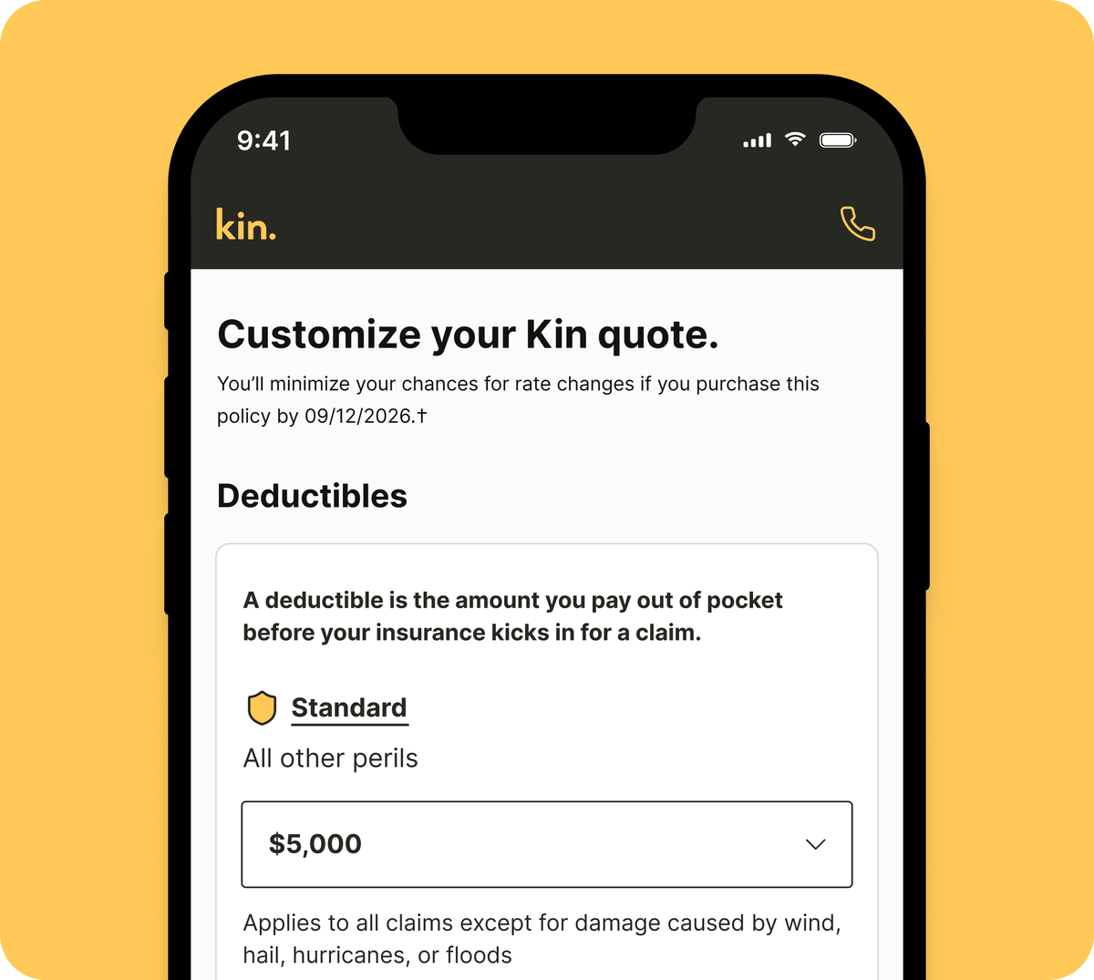 Kin quote flow on a phone, showing deductible options