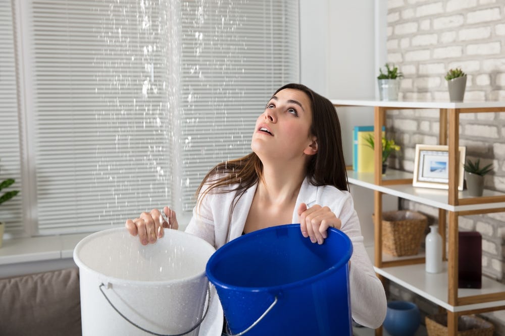 Young woman holds two buckets while looking up at her ceiling as water pours down