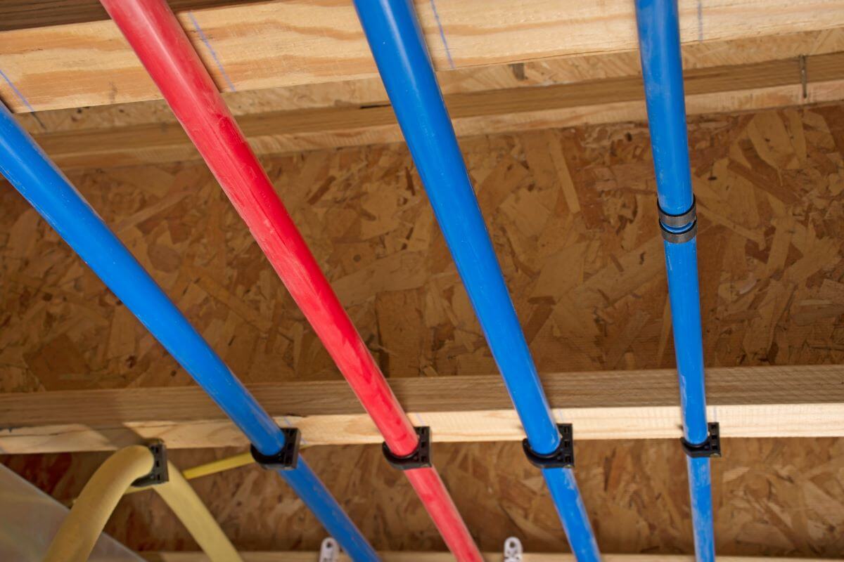 PEX pipes attached to the basement ceiling of a home, angled view