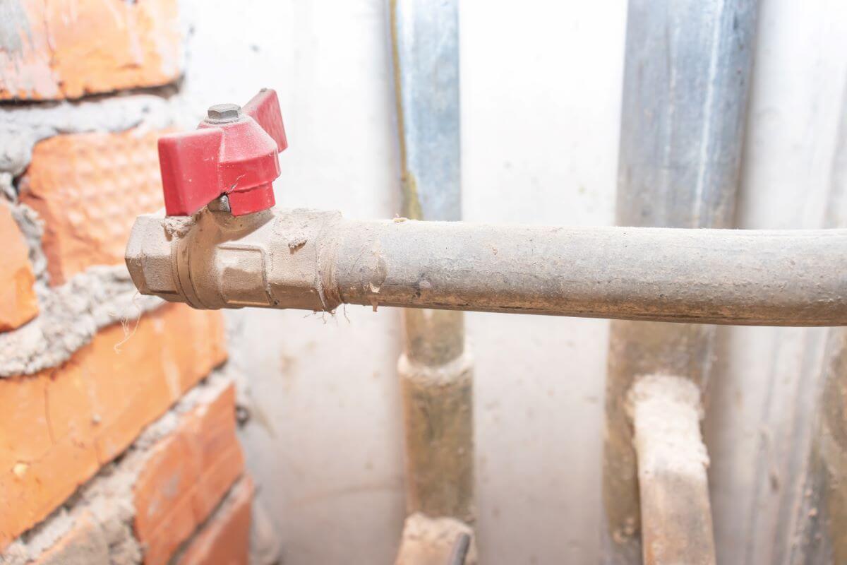 Red water valve on an old lead pipe