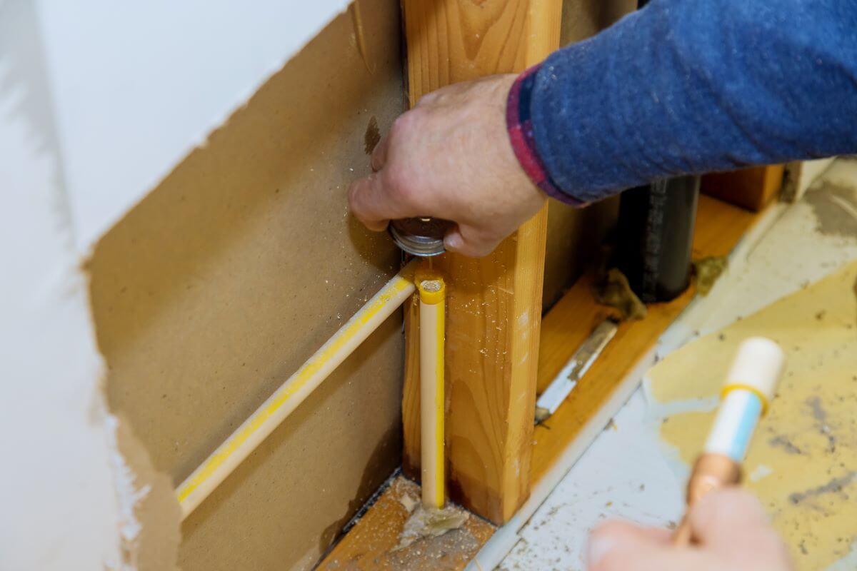 Man manual cuts off a piece of pplastic pipe for installation water line