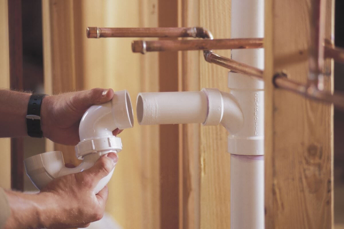 Image shows a plumber's hands installing white PVC pipes
