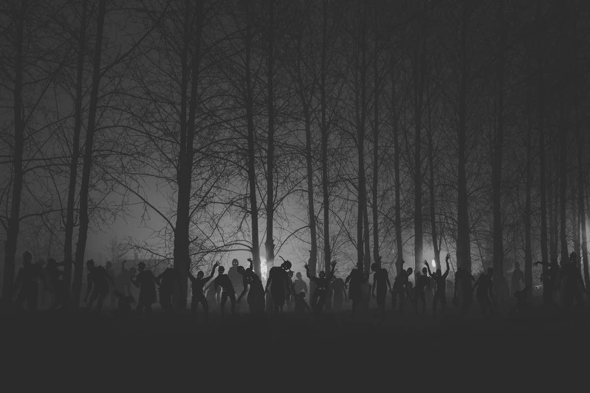 A black-and-white image of a spooky forest full of zombies
